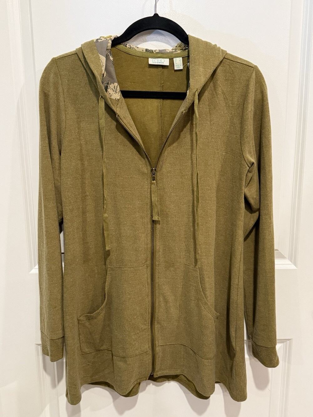 LOGO Lori Goldstein Lounge Earthy Olive Full Zip Hoodie Sz XS Lined Hood